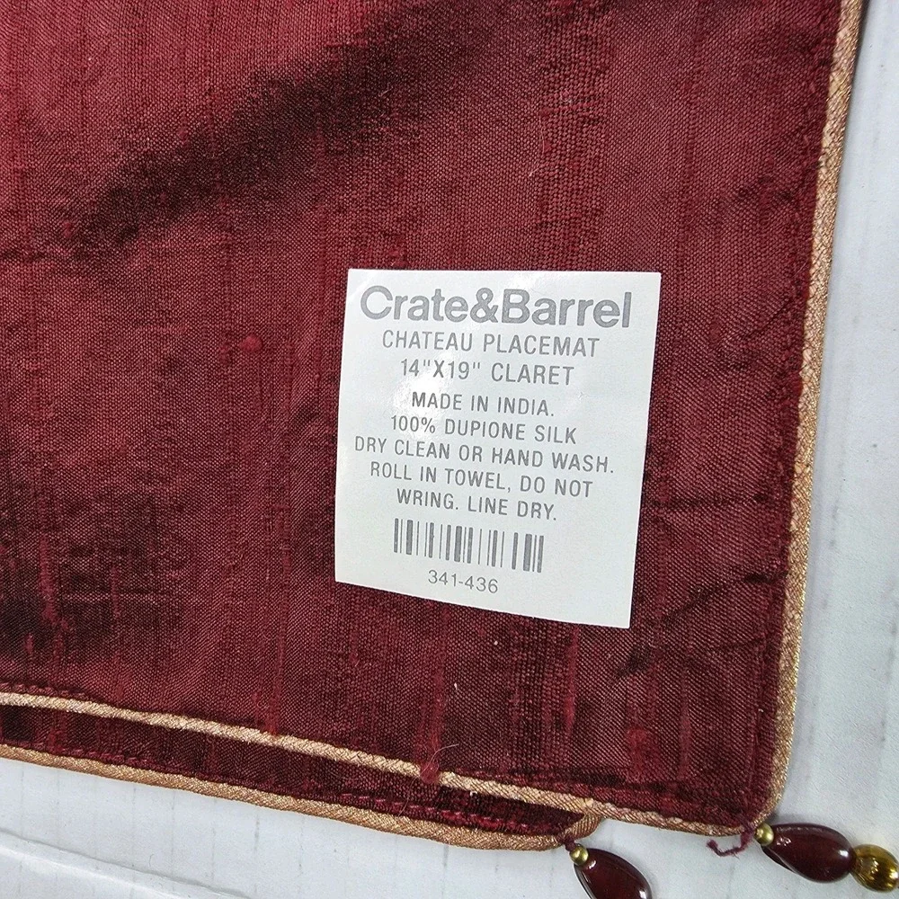 Crate‎ & Barrel Chateau Dupioni Silk Placemats & Napkins Set Claret Red Beaded